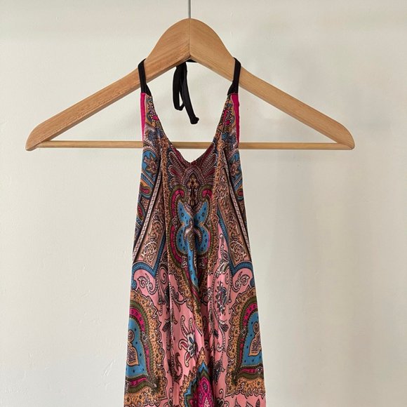 VINTAGE HANDMADE 100% SILK SCARF HALTER MAXI DRESS - Picture 2 of 7